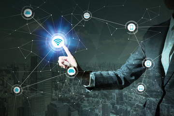 smart city and internet of things abstract. business person and technology concept