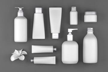 Cosmetic packaging spa and beauty set top view on grey backgroun