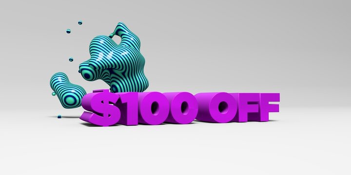 $100 OFF -  color type on white studiobackground with design element - 3D rendered royalty free stock picture. This image can be used for an online website banner ad or a print postcard.