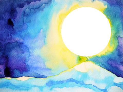 Big White Full Moon Space And Blue Mountain Pattern Texture Watercolor Painting