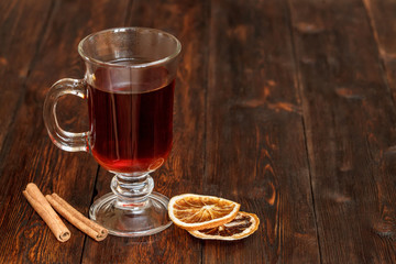 Compote or tea with fruit ingridients, dried orange, cinnamon. Copyspace