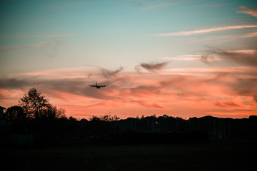 Silhouette of an Airplane landing at the Sunset. 