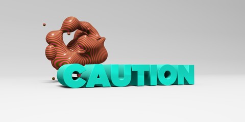 CAUTION -  color type on white studiobackground with design element - 3D rendered royalty free stock picture. This image can be used for an online website banner ad or a print postcard.