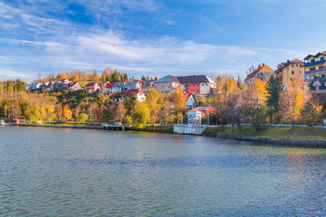 Obraz premium Beautiful town of Fuzine on Lake Bajer, Gorski kotar, Croatia, in autumn 