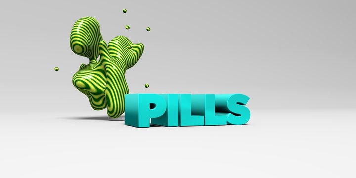 PILLS -  color type on white studiobackground with design element - 3D rendered royalty free stock picture. This image can be used for an online website banner ad or a print postcard.