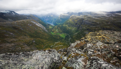 Classic summer picture of norwegian valley and fjord Geirangerfjord, Norway, from Dalsnibba mountain