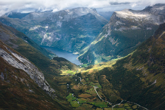Classic summer picture of norwegian valley and fjord Geirangerfjord, Norway, from Dalsnibba mountain