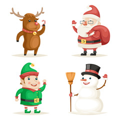 Elf Deer Snowman Santa Claus Cartoon Characters Christmas New Year Icons Set Flat Design Vector Illustration