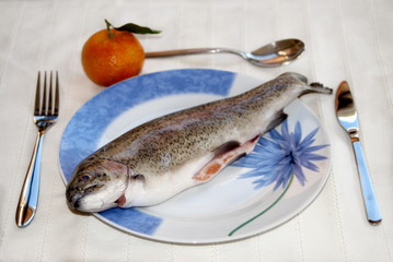 raw trout in a dish on a set table