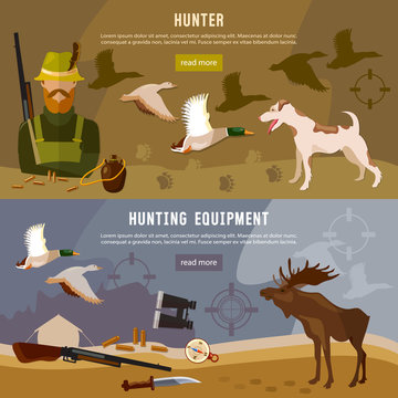 Hunting banners, hunter with rifle and dog in forest