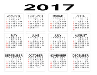 2017 year calendar on white background