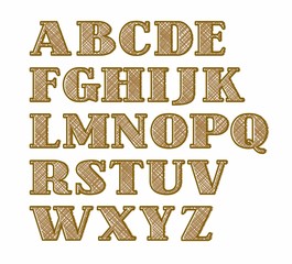 English alphabet, capital letters, the effect of burlap, font. Vector font on white background. Imitation rough textile weave. 