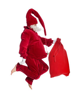Santa Claus running to delivery christmas gifts, Santa Claus on a white background 
