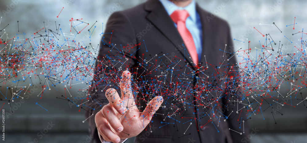 Poster man touching dna structure with his finger