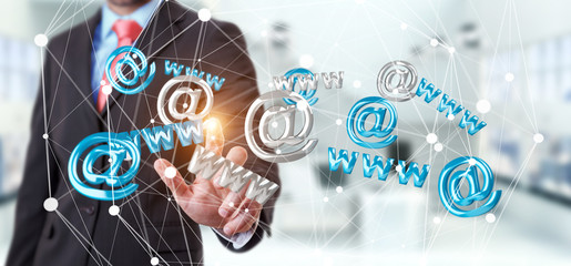 Businessman touching 3D rendering contact icon with his finger