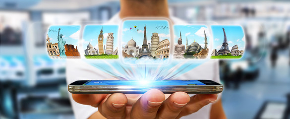 Businessman choosing his holidays between different places of th