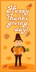 Happy thanksgiving day card with child leafs and congratulation lettering. Vector illustration family holiday. Boy big pumpkin.
