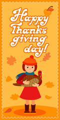 Happy thanksgiving day card with child leafs and congratulation