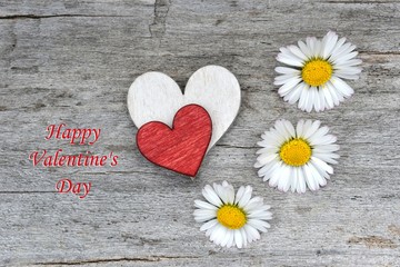 Plakat Valentines day red heart and flowers on old wood. Holidays card with copy space.