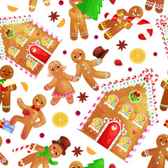 seamless pattern christmas cookies gingerbread man and girl near sweet house decorated with icing dancing and having fun in a cap with the Christmas tree and gifts, xmas sweet food vector illustration