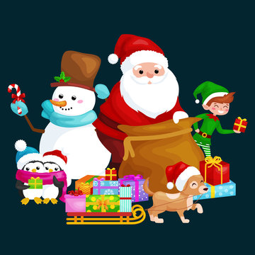 Santa Claus sack full of gifts, snowman candy, decoration ribbons pet dog in hat with presenta in sleigh, penguins elf Vector illustration Merry Christmas and Happy New Year