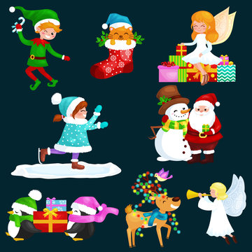 Santa Claus snowman hats, children enjoy winter holidays, elf with sweets and angel wings pipe gifts, Cat in sock, girl skating ice, penguins stack of presents, deer decorated his antlers with lights