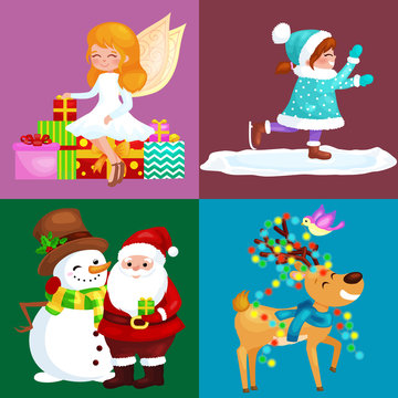 Santa Claus snowman hats, children enjoy winter holidays, elf with sweets and angel wings pipe gifts, Cat in sock, girl skating ice, penguins stack of presents, deer decorated his antlers with lights