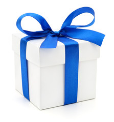 Gift box with blue ribbon.