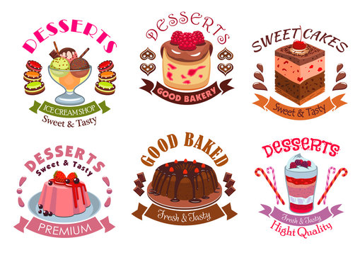 Bakery desserts, pastry cakes emblem labels set