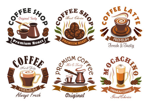 Coffee shop, cafe label emblems set