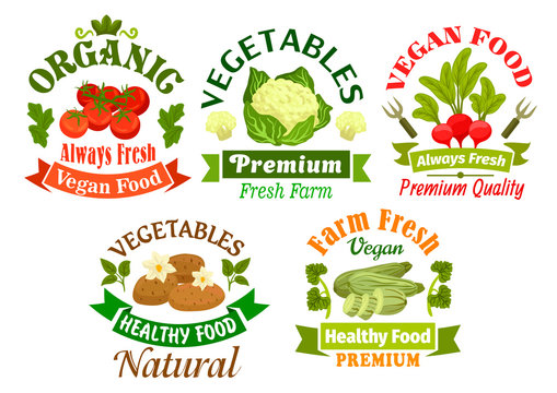 Organic vegan food emblems. Vegetarian vegetables