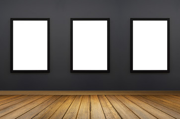 three Black frame hanging on a grey wall.white isolate.perspective wooden floor.for advertiser.graphic design