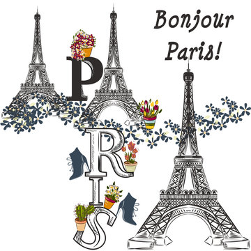 Eiffel tower and potters fully of flowers. Boutique banner, T-sh