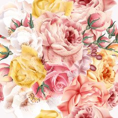 Rose pattern with vector realistic pink and beige roses for desi