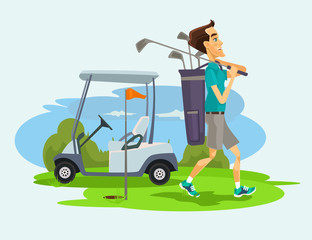 Golfer man character playing golf. Vector flat cartoon illustration