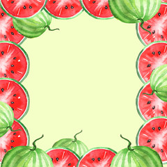 Watercolor seamless vintage pattern with watermelon pattern. Slices, watermelon fruit. The colors red and green.