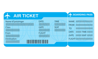 Airplane ticket. Blue boarding pass coupon isolated on white background. Detailed blank of plane ticket. Vector illustration. 
