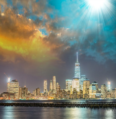 Night skyline of Manhattan at sunset, view from Jersey City coas