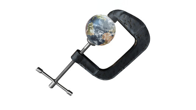 Earth crushed in a vise - 3d illustration isolated on white