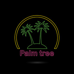 Naklejka premium Palm tree icon or sign. Outline symbol of two neon glow palm trees silhouette on the island. Colorful vector illustration.