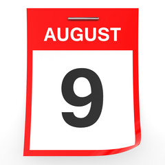 August 9. Calendar on white background.