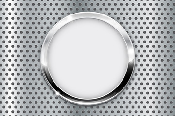 White round button with chrome frame on metal perforated background