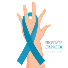 Awareness Blue Ribbon. World Prostate Cancer Day concept. Vector Illustration. Men healthcare concept. Blue Ribbon in hand