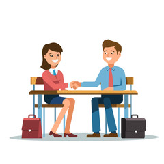 The meeting of two businessmen and businesswoman business handshake. A young man and woman in a business suit holds out his hand in greeting to the partner sitting at the office desk .