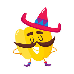 Smiling bell pepper with thick moustache and Mexican sombrero, cartoon vector illustration isolated on white background. Humanized Mexican bell pepper with large whiskers, boots and sombrero