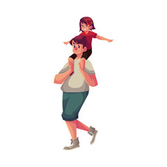 Little girl sitting on his father shoulders and pretending a plane, cartoon vector illustrations isolated on white background. Dad carrying his little daughter on his shoulders, happy family concept