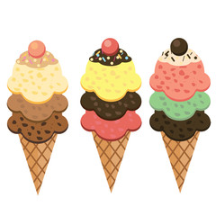 Set of flat ice cream cones. Three types of ice cream mix isolated on white background