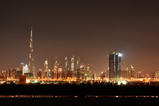 Dubai skyline at night from Meydan, United Arab Emirates