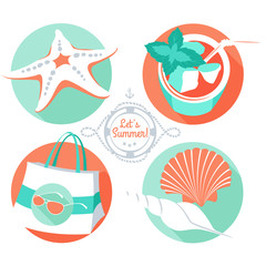 Vector Illustration Summer set: starfish, shells, beach bag, sunglasses, tropical cocktail