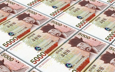 Korean won bills stacks background. 3D illustration.